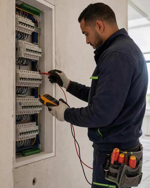 Électricien vérifiant les protections d’un tableau avec un multimètre
