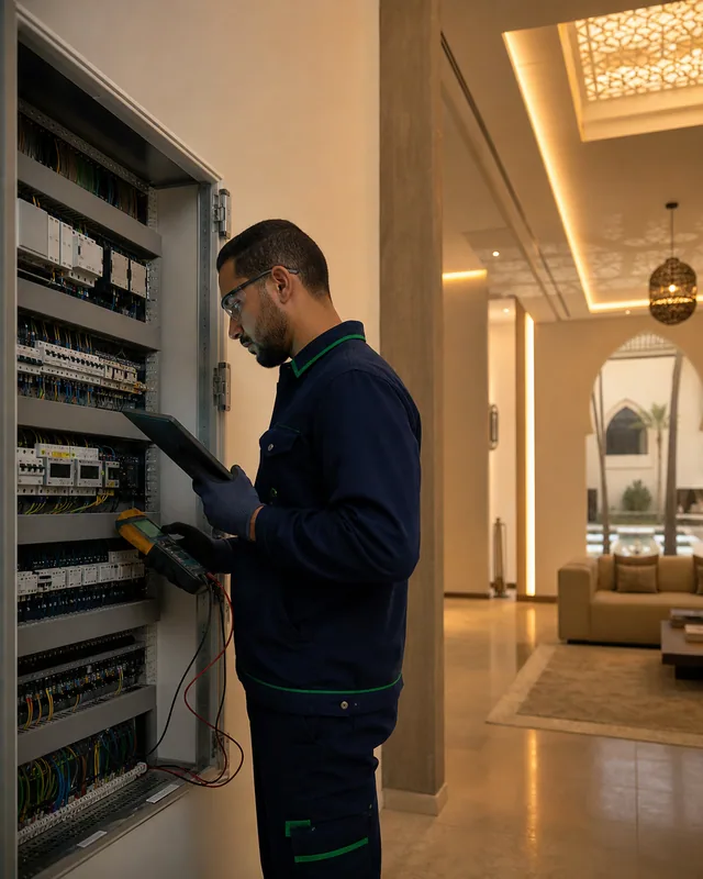 Électricien mettant en service les automatismes d’une villa moderne