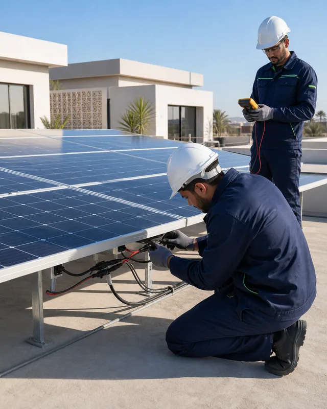 Techniciens contrôlant les raccordements de panneaux photovoltaïques
